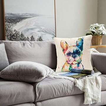YGGQF Animal Throw Pillow Cover Head Frenchie French Bulldog Original Watercolor Dog Wildlife Rainbow Funny Happy Puppy Companion Home Decor Pillowcase for Sofa 18x18 Inches