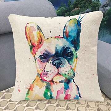 YGGQF Animal Throw Pillow Cover Head Frenchie French Bulldog Original Watercolor Dog Wildlife Rainbow Funny Happy Puppy Companion Home Decor Pillowcase for Sofa 18x18 Inches