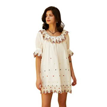 R.Vivimos Women's Summer Babydoll Mini Dress Cotton Puff Sleeve Floral Embroidered Casual Loose Tuni...