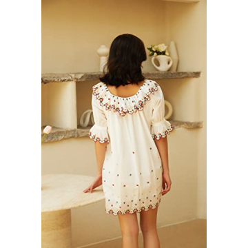 R.Vivimos Women's Summer Babydoll Mini Dress Cotton Puff Sleeve Floral Embroidered Casual Loose Tunic Dress (Small, White)