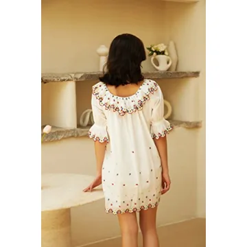 R.Vivimos Women's Summer Babydoll Mini Dress Cotton Puff Sleeve Floral Embroidered Casual Loose Tunic Dress (Small, White)