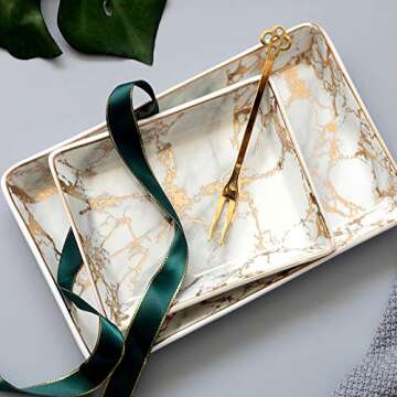 SOCOSY Marble Ceramic Ring Dish Jewelry Dish Ring Holder Jewelry Organizer with Golden Edged Home Decor Wedding Gift (Golden, Large)