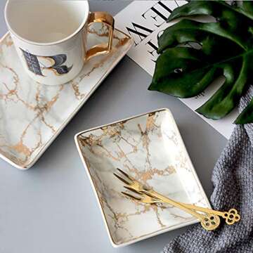 SOCOSY Marble Ceramic Ring Dish Jewelry Dish Ring Holder Jewelry Organizer with Golden Edged Home Decor Wedding Gift (Golden, Large)