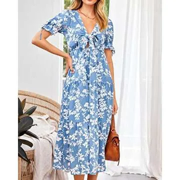 BTFBM Summer Boho Dress Deep V Neck Cutout Maxi