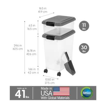 IRIS USA Dog Food Storage Container, 30 lbs & 11 lbs Combo, Cat Food Storage Container, Dog Treat Container, Airtight, Stackable, 2-Cup Scoop, Wheels, Easy Mobility, Dark Gray