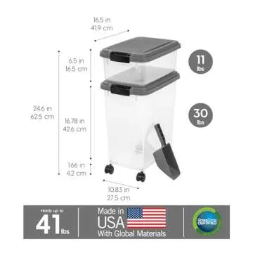 IRIS USA Dog Food Storage Container, 30 lbs & 11 lbs Combo, Cat Food Storage Container, Dog Treat Container, Airtight, Stackable, 2-Cup Scoop, Wheels, Easy Mobility, Dark Gray