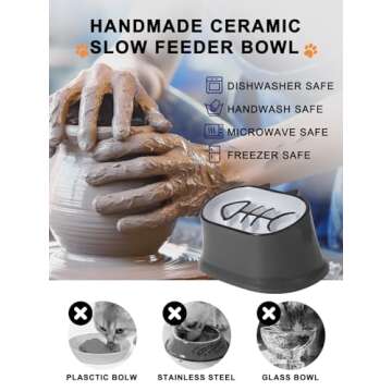 Y YHY Slow Feeder Cat Bowl, Elevated Cat Food Bowl Tilted Design, Dog Slow Feeder Bowl no Black Chin, Fish Bone Slow Feeder for Dry and Wet Food, Gray