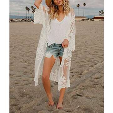 Women’s Bathing Suit Kimono: Elegant Lace Beach Cover Up Swimwear (White, M)