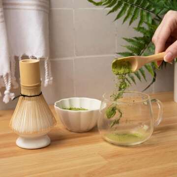 Marce Matcha Whisk Set- Matcha Set includes Matcha Whisk and Bowl (Matcha Bowl), Sifter, Holder and Scoop- The Perfect Bamboo Whisk for Matcha Tea (White) (White 3PC)
