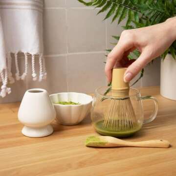 Marce Matcha Whisk Set- Matcha Set includes Matcha Whisk and Bowl (Matcha Bowl), Sifter, Holder and Scoop- The Perfect Bamboo Whisk for Matcha Tea (White) (White 3PC)