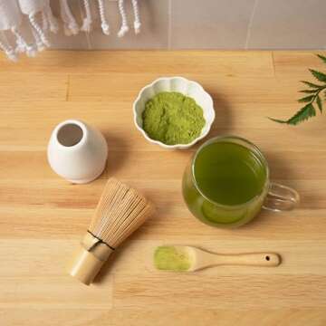 Marce Matcha Whisk Set- Matcha Set includes Matcha Whisk and Bowl (Matcha Bowl), Sifter, Holder and Scoop- The Perfect Bamboo Whisk for Matcha Tea (White) (White 3PC)