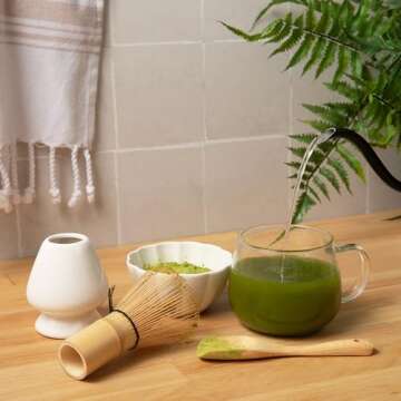 Marce Matcha Whisk Set- Matcha Set includes Matcha Whisk and Bowl (Matcha Bowl), Sifter, Holder and Scoop- The Perfect Bamboo Whisk for Matcha Tea (White) (White 3PC)