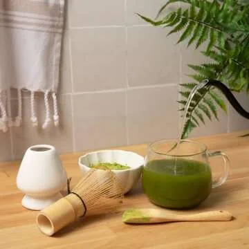 Marce Matcha Whisk Set- Matcha Set includes Matcha Whisk and Bowl (Matcha Bowl), Sifter, Holder and Scoop- The Perfect Bamboo Whisk for Matcha Tea (White) (White 3PC)