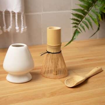 Marce Matcha Whisk Set- Matcha Set includes Matcha Whisk and Bowl (Matcha Bowl), Sifter, Holder and Scoop- The Perfect Bamboo Whisk for Matcha Tea (White) (White 3PC)