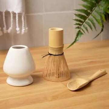 Marce Matcha Whisk Set- Matcha Set includes Matcha Whisk and Bowl (Matcha Bowl), Sifter, Holder and Scoop- The Perfect Bamboo Whisk for Matcha Tea (White) (White 3PC)