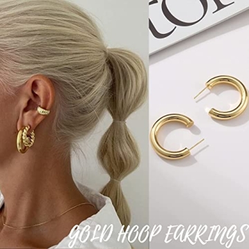 Gold Hoop Earrings Set for Women, 6 Pairs 14K Gold Plated Lightweight Hypoallergenic Chunky Open Hoops Earrings Pack