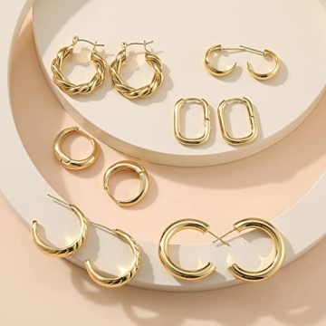 Gold Hoop Earrings Set for Women, 6 Pairs 14K Gold Plated Lightweight Hypoallergenic Chunky Open Hoops Earrings Pack