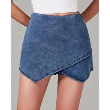 luvamia Jean Skorts for Woman High Waisted Pull On Stretchy Denim Wrap Skirt with Shorts Trendy Asymmetrical Skort