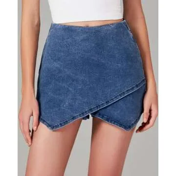 luvamia Jean Skorts for Woman High Waisted Pull On Stretchy Denim Wrap Skirt with Shorts Trendy Asymmetrical Skort