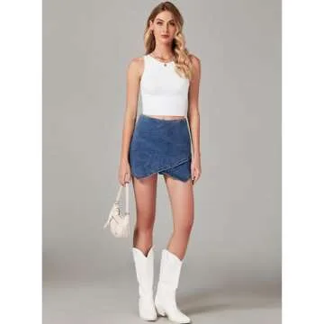 luvamia Jean Skorts for Woman High Waisted Pull On Stretchy Denim Wrap Skirt with Shorts Trendy Asymmetrical Skort