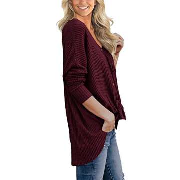 MOLERANI Womens Waffle Knit V-Neck Tunic Blouse Tie Knot Henley Tops Loose Fitting Bat Wing Plain Shirts (L, Wine Red)