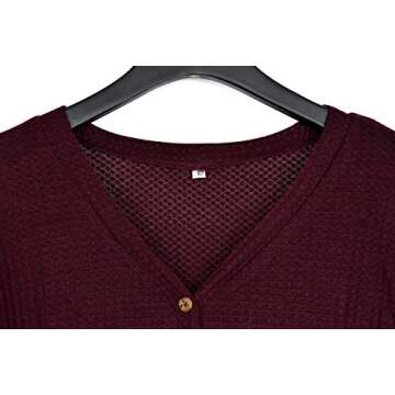 MOLERANI Womens Waffle Knit V-Neck Tunic Blouse Tie Knot Henley Tops Loose Fitting Bat Wing Plain Shirts (L, Wine Red)