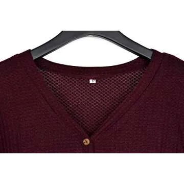 MOLERANI Womens Waffle Knit V-Neck Tunic Blouse Tie Knot Henley Tops Loose Fitting Bat Wing Plain Shirts (L, Wine Red)
