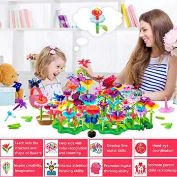 LANNEY Flower Building Toy Set, 200 Pcs Flower Garden Building Toys for Girls Boys 3 4 5 6 7 Year Old, Educational Stem Build Flower Garden Toy, Kids Toddler Birthday Gift Ideas