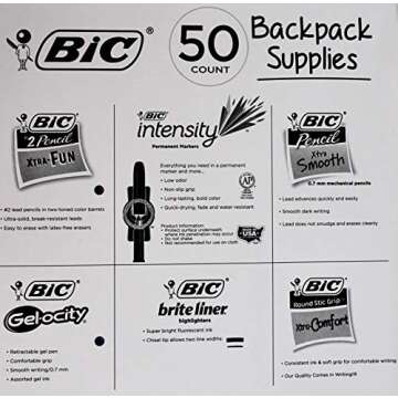 BIC Backpack Supplies School Pens, #2 Pencils, Markers, Highlighters, 50 Count