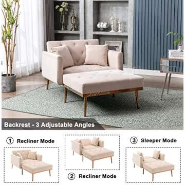 KINFFICT Velvet Chaise Lounge Indoor with 3 Reclining Angles, Modern Sleeper Chair Bed for Living Room and Bedroom, Convertible Lounge Chair with Solid Tapered Metal Legs, Deep Beige