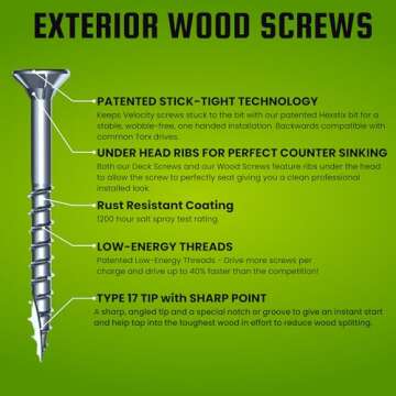 Velocity Exterior 4 Inch Wood Screws and T25 Torx Bits (Size #10) – Stick Tight Technology, Made w...