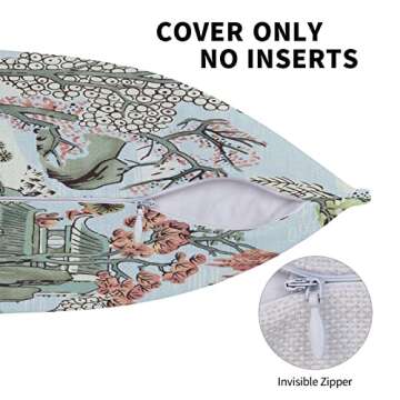 Wsunsal Chinoiserie Pillow Cover 20x20 Inch Set of 2, Asian Scenic Coral Green Blue Throw Pillows Farmhouse Chinoiserie Decorative Pillowcase Linen Cushion Cover for Home Sofa Bedroom Outdoor