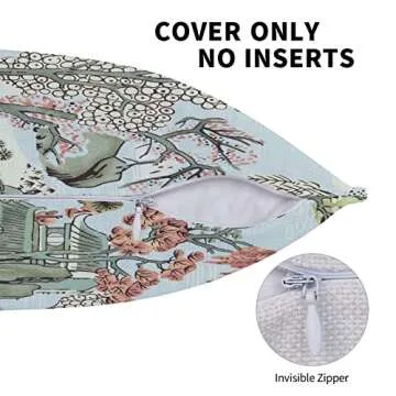 Wsunsal Chinoiserie Pillow Cover 20x20 Inch Set of 2, Asian Scenic Coral Green Blue Throw Pillows Farmhouse Chinoiserie Decorative Pillowcase Linen Cushion Cover for Home Sofa Bedroom Outdoor
