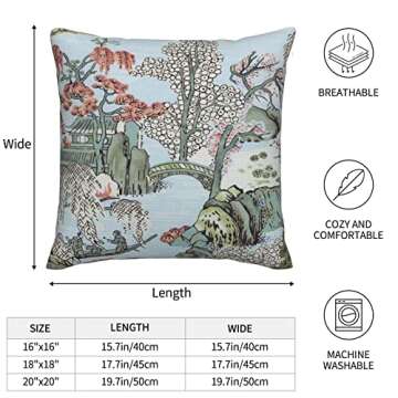 Wsunsal Chinoiserie Pillow Cover 20x20 Inch Set of 2, Asian Scenic Coral Green Blue Throw Pillows Farmhouse Chinoiserie Decorative Pillowcase Linen Cushion Cover for Home Sofa Bedroom Outdoor