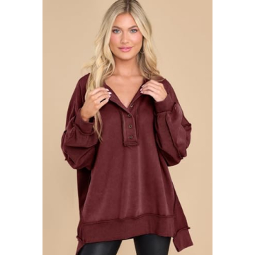 AlvaQ Women’s Soft Oversized Button V Neck Sweatshirt