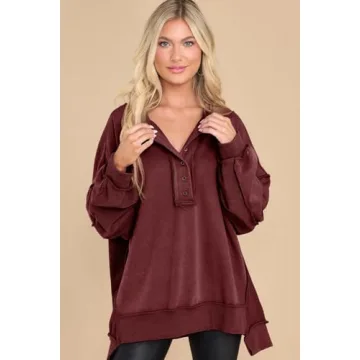 AlvaQ Women’s Soft Oversized Button V Neck Sweatshirt