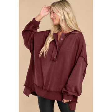 AlvaQ Women’s Soft Oversized Button V Neck Sweatshirt