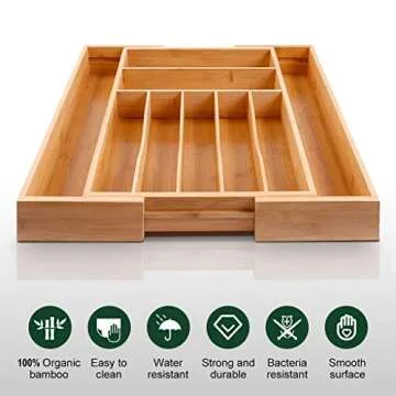 MOSONIC Bamboo Kitchen Drawer Organizer - Expandable Silverware Tray Utensil Organizer Cutlery Holder for Flatware and Kitchen Utensils (9 Slots, 2.5" Deep)