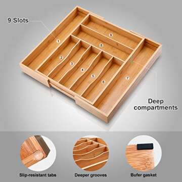 MOSONIC Bamboo Kitchen Drawer Organizer - Expandable Silverware Tray Utensil Organizer Cutlery Holder for Flatware and Kitchen Utensils (9 Slots, 2.5" Deep)