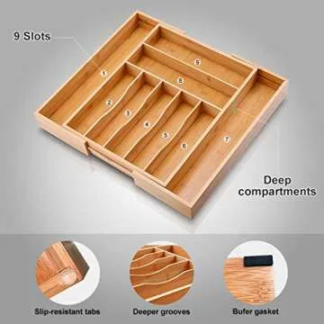 MOSONIC Bamboo Kitchen Drawer Organizer - Expandable Silverware Tray Utensil Organizer Cutlery Holder for Flatware and Kitchen Utensils (9 Slots, 2.5" Deep)