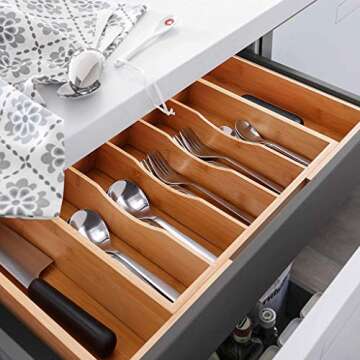MOSONIC Bamboo Kitchen Drawer Organizer - Expandable Silverware Tray Utensil Organizer Cutlery Holder for Flatware and Kitchen Utensils (9 Slots, 2.5" Deep)