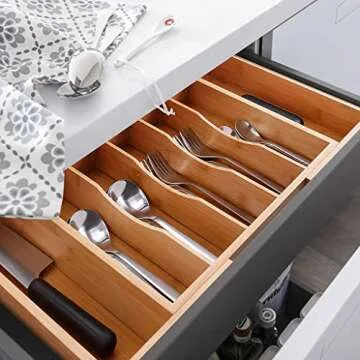 MOSONIC Bamboo Kitchen Drawer Organizer - Expandable Silverware Tray Utensil Organizer Cutlery Holder for Flatware and Kitchen Utensils (9 Slots, 2.5" Deep)