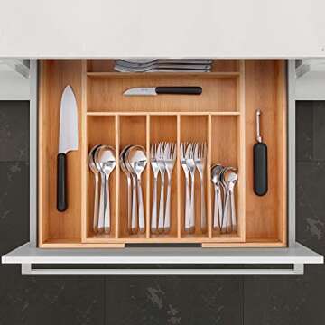 MOSONIC Bamboo Kitchen Drawer Organizer - Expandable Silverware Tray Utensil Organizer Cutlery Holder for Flatware and Kitchen Utensils (9 Slots, 2.5" Deep)