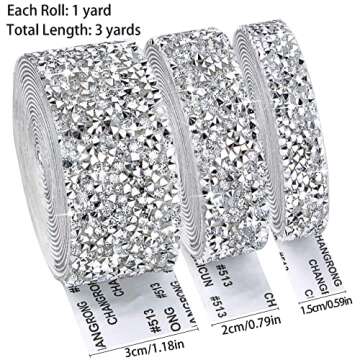 Crystal Rhinestone Ribbon Roll, 3Yards Self-Adhesive Diamond Ribbon Bling Wrap DIY Silver Rhinestone Trim Decorate Phone Computer, Water Glass Vase Crafts(3 Rolls of Different Sizes, Each Roll 1Yard)