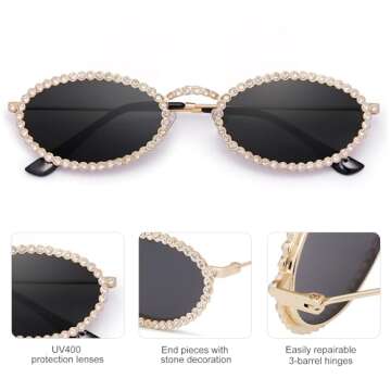SOJOS Retro Petite Oval Rhinestone Sunglasses for Women 90s Styles Bling Hippie Disco Trendy Sun Glasses Small Face SJ1205