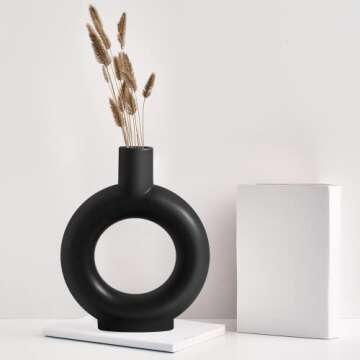 YELNOKU Black Ceramic Vase -Modern Hollow Dnout Home Decor Centerpieces, Flower Vase for Living Room,Kitchen, Office,Bookshelf,Wedding Decor and Gifts,Circle Geometric Minimalist Decoration(Black)