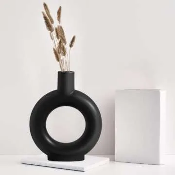 YELNOKU Black Ceramic Vase -Modern Hollow Dnout Home Decor Centerpieces, Flower Vase for Living Room,Kitchen, Office,Bookshelf,Wedding Decor and Gifts,Circle Geometric Minimalist Decoration(Black)