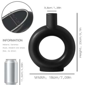YELNOKU Black Ceramic Vase -Modern Hollow Dnout Home Decor Centerpieces, Flower Vase for Living Room,Kitchen, Office,Bookshelf,Wedding Decor and Gifts,Circle Geometric Minimalist Decoration(Black)