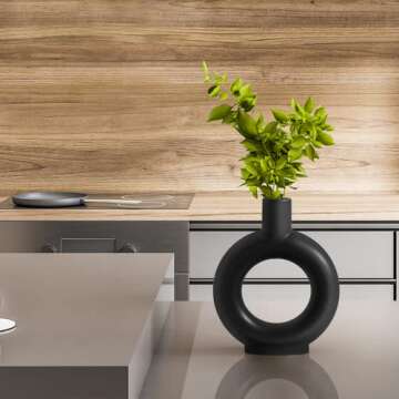 YELNOKU Black Ceramic Vase -Modern Hollow Dnout Home Decor Centerpieces, Flower Vase for Living Room,Kitchen, Office,Bookshelf,Wedding Decor and Gifts,Circle Geometric Minimalist Decoration(Black)