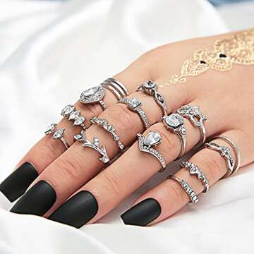 BELICEY 9-15PCS Knuckle Stacking Rings Set for Women Crystal Rhinestone Finger Statement Ring Sets Vintage Joint Knot Mid Rings Stackable Rings Jewelry Accessories (Silver-Cryst Rhinestone)